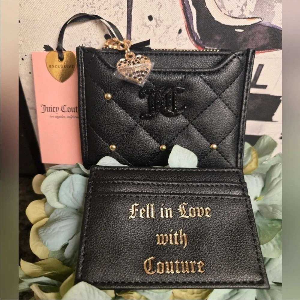 Juicy Couture Black Quilted Card Holder with Gold Details